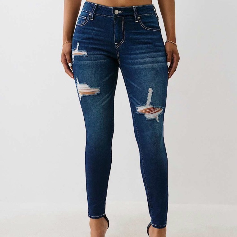 Women’s True Religion Jennie mid rise distressed curvy skinny jean Sz 24